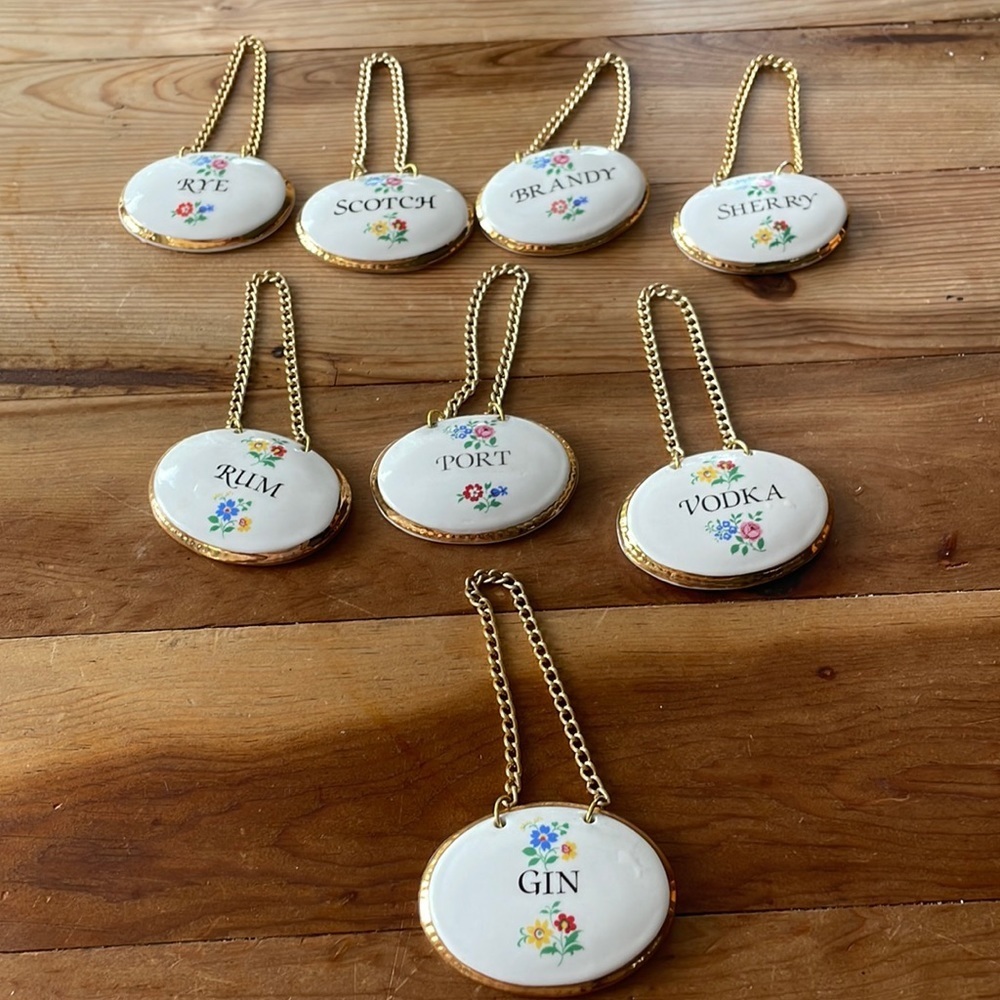 Vintage Sandford Fine Bone China complete  bar set Decanter Labels w/ Flowers